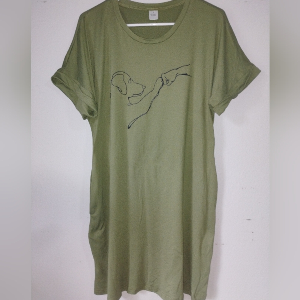 SHEIN Olive Green Midi T-Shirt Dress with Dog Outline